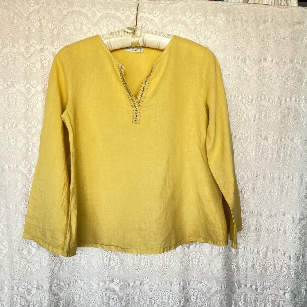 Terzo Millennio Linen Top Yellow High Low Roll Tab Sleeves Shirt Tunic Sz M - Picture 2 of 16